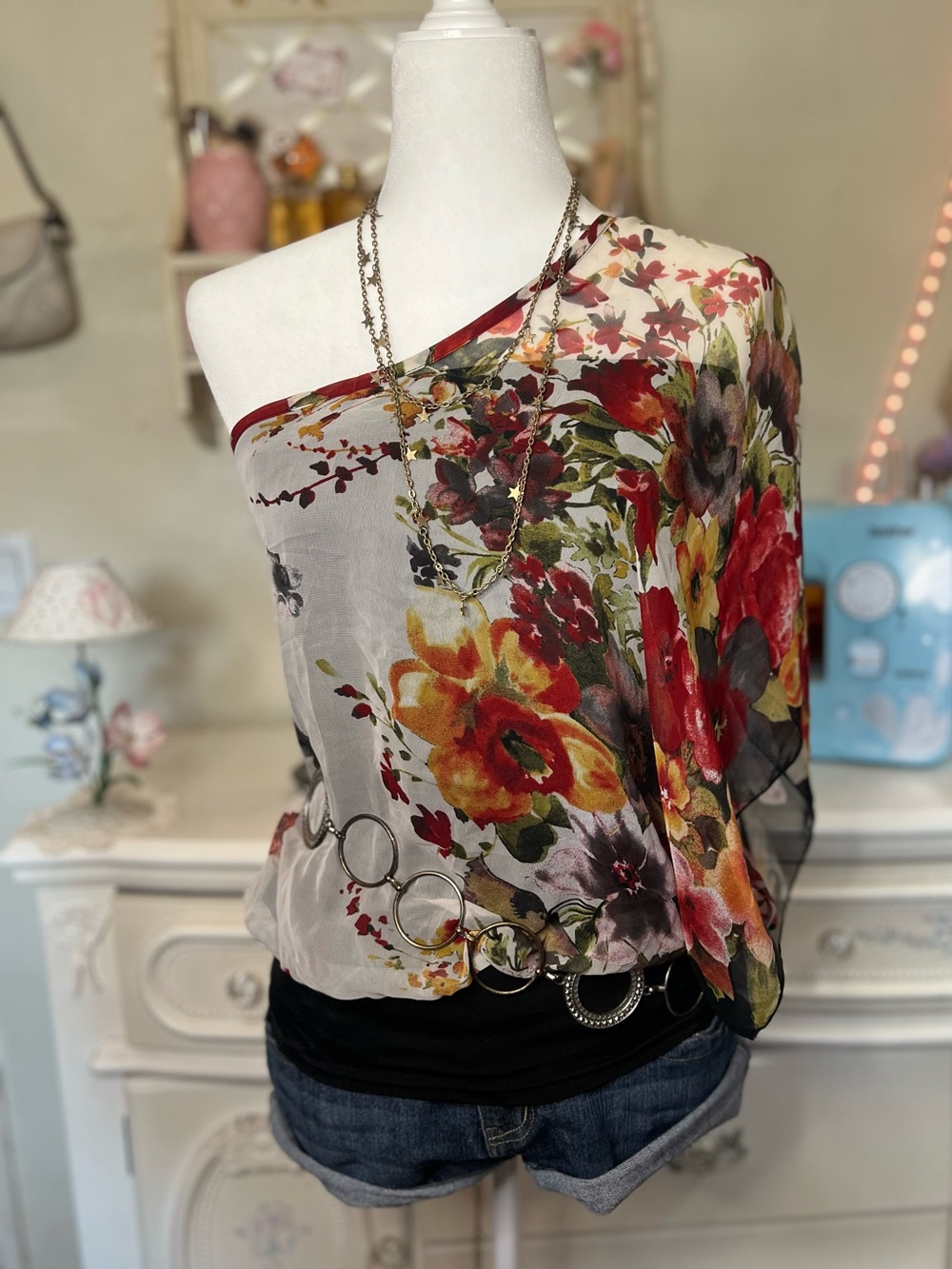 JuJu Y2K One-Shoulder Floral Chiffon Top in Red, Yellow, Green